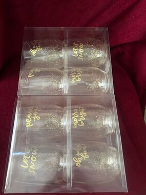 2 Sets of 4 Gold Script Stemless Wine Glasses - Holiday Messages